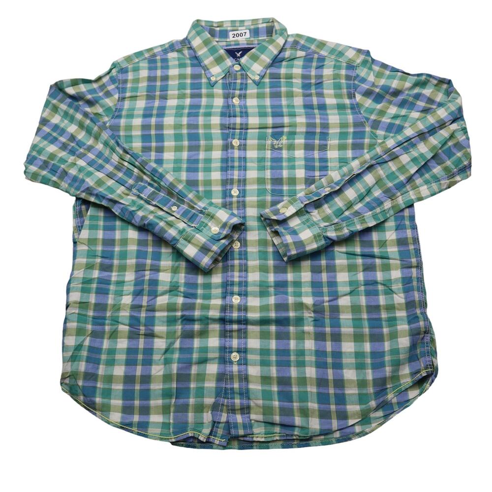 American Eagle Shirt Mens L Blue Green Plaid Long Sleeve Button Up Dress
